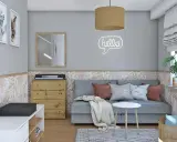 Przytulny, mały pokój dziecięcy w bloku. Na ścianie neonowe "hello", obok kanapy komoda z keyboardem.