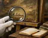Examining a painting's signature with a magnifying glass is key to how to date a painting. The cracked texture and aged look suggest a historical piece.