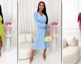 Elegancka stylizacja na Wielkanoc: trzy kobiety w sukienkach w kolorach: limonkowym, błękitnym i fuksji, z torebkami i szpilkami.