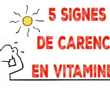 5 signes de carence en vitamine D : un soleil stylisé et une personne se tenant la tête, l'air fatigué.