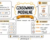 Grafika wyjaśnia present and past modal structures, ich znaczenia (umiejętność, możliwość, konieczność, rada) i budowę zdań.