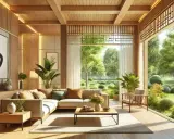 Soggiorno luminoso con divano angolare, tavolino e vista su un giardino rigoglioso, in perfetto stile feng shui.