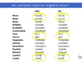 Porównanie wymowy angielskich słów w USA i UK. Krótkie słowa, jak "word" czy "your", brzmią inaczej.