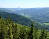 Zielone, zalesione zbocza Gór Opawskich schodzą ku dolinie z polami i zabudowaniami.