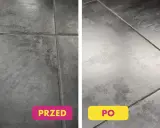 Porównanie podłogi: po lewej brudna, po prawej lśniąca po umyciu.
