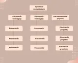 Schemat przedstawia strukturę organizacyjną firmy: Dyrektor zarządzający, kierownicy funkcyjni i projektowi oraz pracownicy.