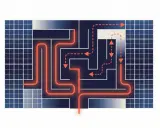 Un labyrinthe complexe avec une ligne orange lumineuse traversant les panneaux solaires. La sortie est loin s'en faut.