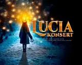 En flicka med ljuskrona går genom en snöig skog mot en "Lucia konsert".