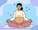 Mujer embarazada meditando en posición de loto. El ejercicio durante el embarazo promueve la calma y el bienestar.