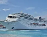 La MSC Armonia, con la sua impressionante lunghezza, solca le acque azzurre vicino a una costa collinare.