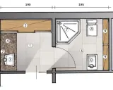 Progetto di un bagno con antibagno senza porta. Include lavabo, doccia, WC e lavatrice.