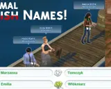 Mody do Simsów z polskimi imionami: Hugo, Eliza, Amelia i kotka Pestka. Na dole nazwiska: Marzanna, Tomczyk, Emilia, Włókniarz.