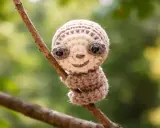 Adorable perezoso amigurumi de crochet, con grandes ojos y una sonrisa, aferrado a una rama.