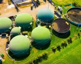 Grüne Biogasbehälter und Gärrestlager auf einem Bauernhof. Hier wird aus organischem Material Biomasse gewonnen.