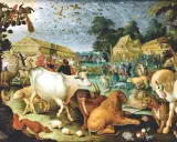 Noah's ark, ein antiker dreiruderer, füllt sich mit Tieren aller Art, während Menschen sie an Bord führen. Vögel schwärmen am Himmel.