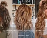 Drei Frauen mit braunem Haar und karamellfarbenen Balayage-Highlights.