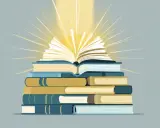 Una pila di libri, con quello in cima aperto e illuminato da raggi dorati, simboleggia la conoscenza e i libri del momento.