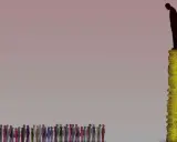 Silhouette eines Mannes auf einem hohen Münzstapel, während eine lange Schlange bunter Silhouetten unten wartet. Ein Bild, das den Unterschied zwischen Neoliberalismus und Kapitalismus verdeutlicht.