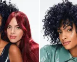 Zwei Frauen mit auffälligen Frisuren. Eine hat tiefrote, glatte Haare, die andere hat voluminöse, dunkelblaue Locken. Beide zeigen das Ergebnis von **Haare colorieren**.