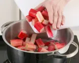 Rhabarberstücke werden von einem Schneidebrett in einen Topf mit Wasser geschüttet. So beginnt das Rhabarber verarbeiten für Kompott oder Kuchen.