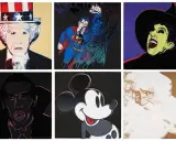 A collage of famous pop art pieces, featuring Uncle Sam, Superman, a witch, Mickey Mouse, Santa, and other iconic figures in vibrant colors.