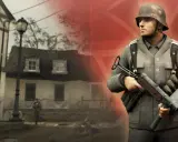 Żołnierz w mundurze z epoki II wojny światowej, gotowy do walki. W tle zniszczone miasto, idealne dla **gier o 2 wojnie światowej**.