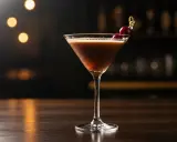 En Kahlúa Sour, en mörk, skummande cocktail i ett martiniglas, garnerad med körsbär. Perfekt för en mysig kväll.