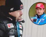 Adam Małysz w kurtce 4F i czapce z logo Red Bulla. W okręgu widać trenera Stefana Horngachera.