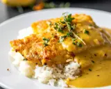 Poisson pané sur un lit de riz, nappé d'une onctueuse sauce moutarde et garni de thym frais. Un délice !