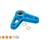 Blauer Aluminium-Bellcrank mit Kugellager und zwei Unterlegscheiben, bereit für den Einbau in ein RC-Modell.