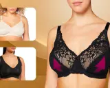 Modelli di reggiseni per donne con seni grandi, in pizzo nero e beige, e uno nero senza ferretti.