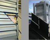 Szczegółowy przekrój pokazuje ocieplenie komina z wełną mineralną i okładziną. Widoczna konstrukcja stalowa i materiały izolacyjne.
