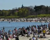 Tłumy ludzi na plaży, woda i zielone drzewa w tle. Widać wieżę kościelną. Ceny nad morzem pewnie wysokie, ale widok piękny.