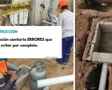 Construcción: errores comunes en la instalación sanitaria. Obreros trabajan en tuberías y una fosa de ladrillos.