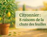 Un citronnier en pot perd ses feuilles. Le texte indique "Citronnier : 8 raisons de la chute des feuilles".