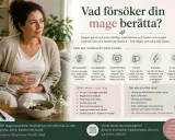Kvinnan håller handen på magen. Bilden listar vanliga magbesvär och ger råd, inklusive mat att undvika vid diarré.