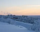 Vinterlandskap i lapponia svedese med snötäckta träd och byggnader i fjärran under en rosa solnedgång.