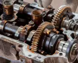 Mechanizm rozrządu silnika 1.8 kompressor, z widocznymi wałkami i kołami zębatymi. Zastanawiasz się, ile wytrzymuje rozrząd 1.8 kompressor?