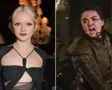 Maisie Williams, som spelade Arya Stark, i en svart klänning och i rollen som Arya Stark i strid.