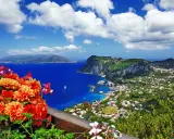 Splendida capri vista da napoli, con fiori colorati in primo piano e il mare blu intenso.