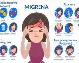 Ilustracja przedstawia schemat migreny z podziałem na fazy: przedmigrenową, aurę, migrenę, pomigrenową oraz czynniki ryzyka.