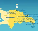 Mapa turystyczna Dominikany z zaznaczonymi trasami i lotniskami. Widoczne miasta: Puerto Plata, Santiago, Santo Domingo, Punta Cana.