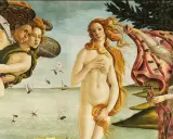 La Venere di Botticelli, nuda su una conchiglia, accolta da Zefiro e Aura, mentre una ninfa le offre un manto fiorito.