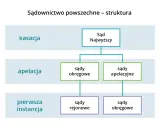 Schemat struktury sądownictwa: Sąd Najwyższy, apelacja (sądy okręgowe, apelacyjne) i pierwsza instancja (sądy rejonowe, okręgowe).