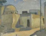 En målning i modernismen konst visar en solig gränd med byggnader och en kupol.