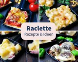 Vier kleine Pfännchen mit geschmolzenem Käse, Pizza, Fleischbällchen und Schinken-Ananas-Kombinationen. Tolle Raclette Ideen für jeden Geschmack!