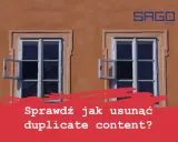 Dwa okna, jedno uchylone, na pomarańczowej ścianie. Napis: "Sprawdź jak usunąć duplicate content?".