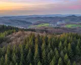 Blick über den Odenwald mit Nadelwald im Vordergrund und sanften Hügeln, grünen Wiesen und einem Dorf im Tal. Perfekt für Odenwald wandern.