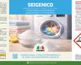 Polvo blanco hidrosoluble, qué es el percarbonato, en un tazón junto a un limón y una lavadora. Es un blanqueador y quitamanchas.