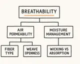 Flowchart explaining breathability in fabrics, detailing air permeability (fiber type, weave openness) and moisture management (wicking vs. absorption).